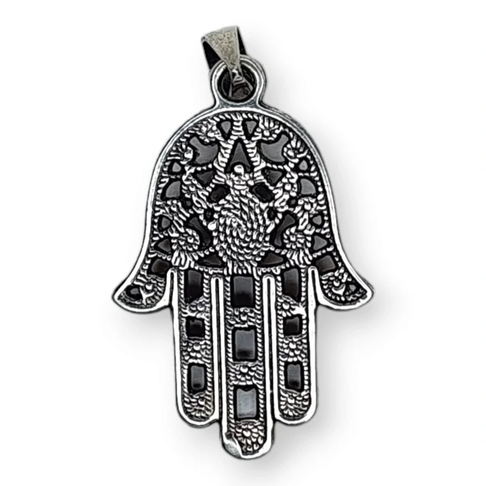 Vintage Hamsa Pendant Sterling Silver 925 Labradorite Blue Green 1.9
